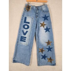 Oli & Hali Womens Love Stars Patchwork Buckle Back Wide Leg Baggy Jeans Size M